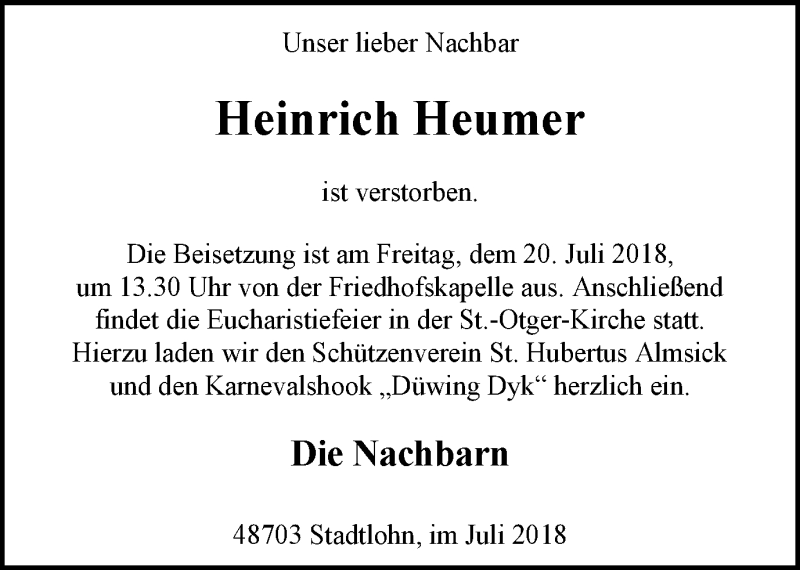  Traueranzeige für Heinrich Heumer vom 18.07.2018 aus Münstersche Zeitung und Münsterland Zeitung