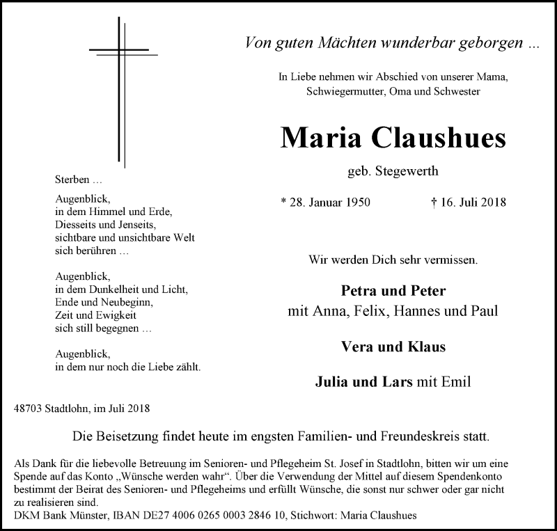  Traueranzeige für Maria Claushues vom 28.07.2018 aus Münstersche Zeitung und Münsterland Zeitung