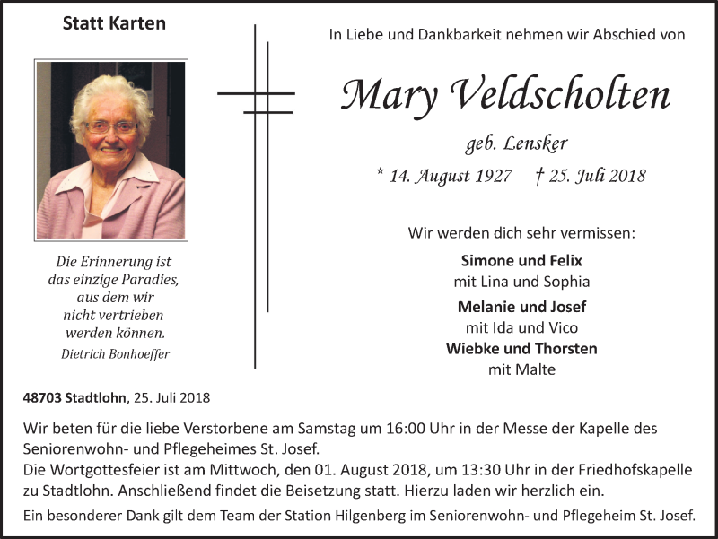  Traueranzeige für Mary Veldscholten vom 27.07.2018 aus Münstersche Zeitung und Münsterland Zeitung