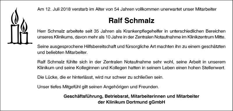  Traueranzeige für Ralf Schmalz vom 21.07.2018 aus Ruhr Nachrichten