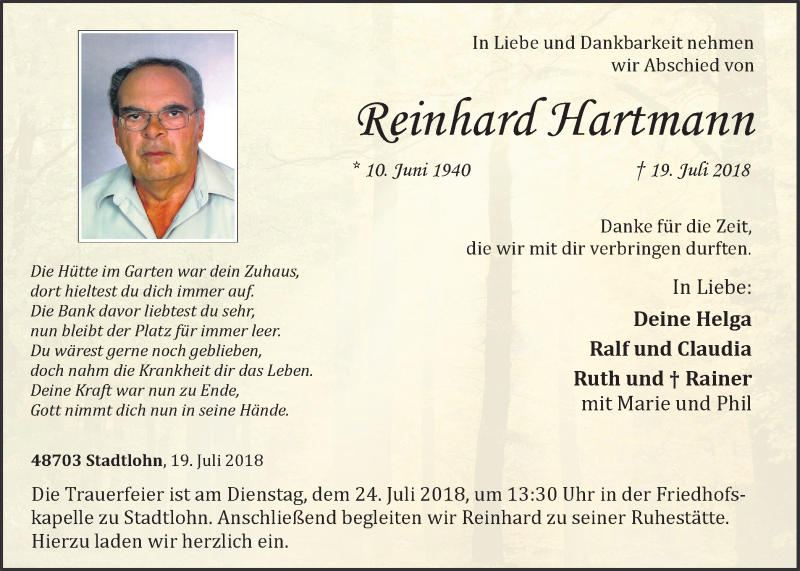  Traueranzeige für Reinhard Hartmann vom 21.07.2018 aus Münstersche Zeitung und Münsterland Zeitung