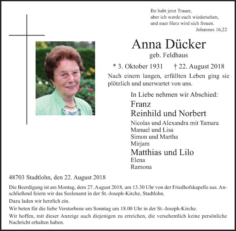  Traueranzeige für Anna Dücker vom 24.08.2018 aus Münstersche Zeitung und Münsterland Zeitung