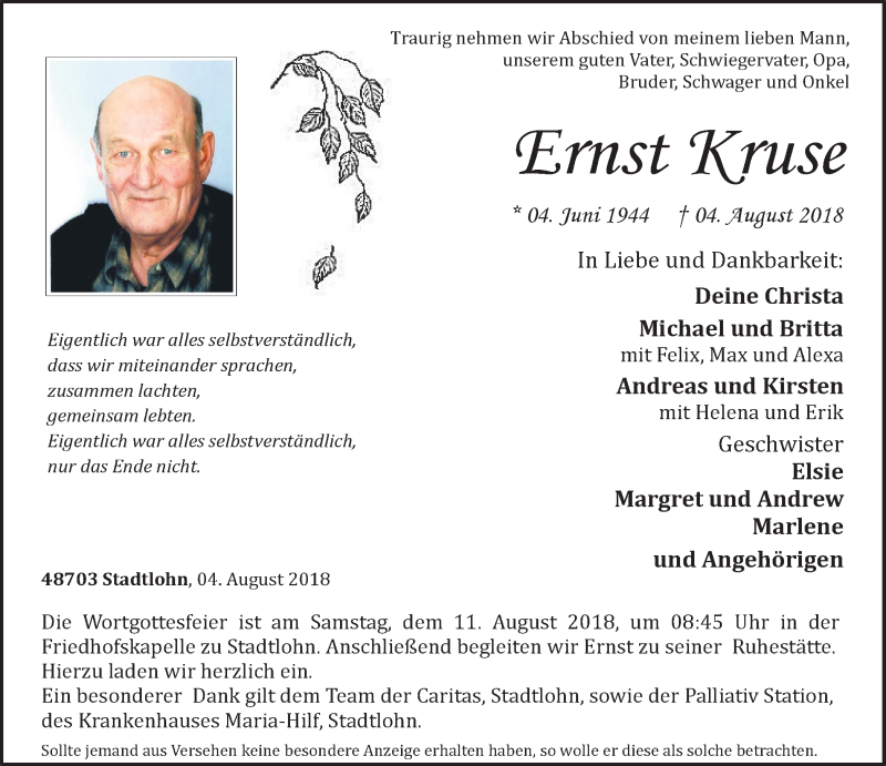  Traueranzeige für Ernst Kruse vom 08.08.2018 aus Münstersche Zeitung und Münsterland Zeitung