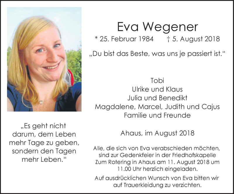  Traueranzeige für Eva Wegener vom 08.08.2018 aus Münstersche Zeitung und Münsterland Zeitung