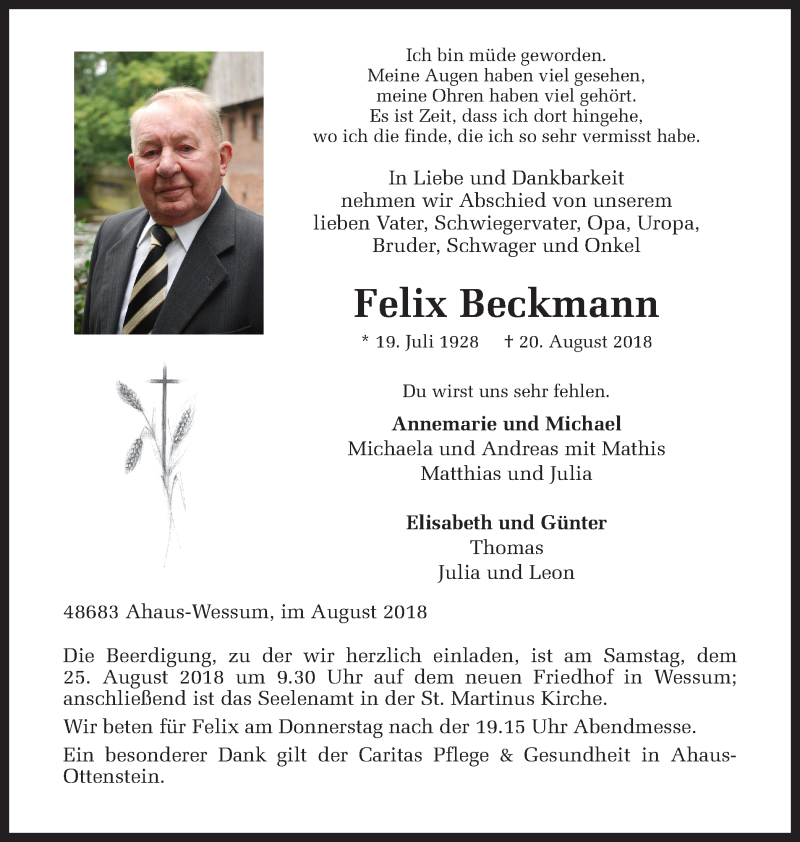  Traueranzeige für Felix Beckmann vom 22.08.2018 aus Münstersche Zeitung und Münsterland Zeitung