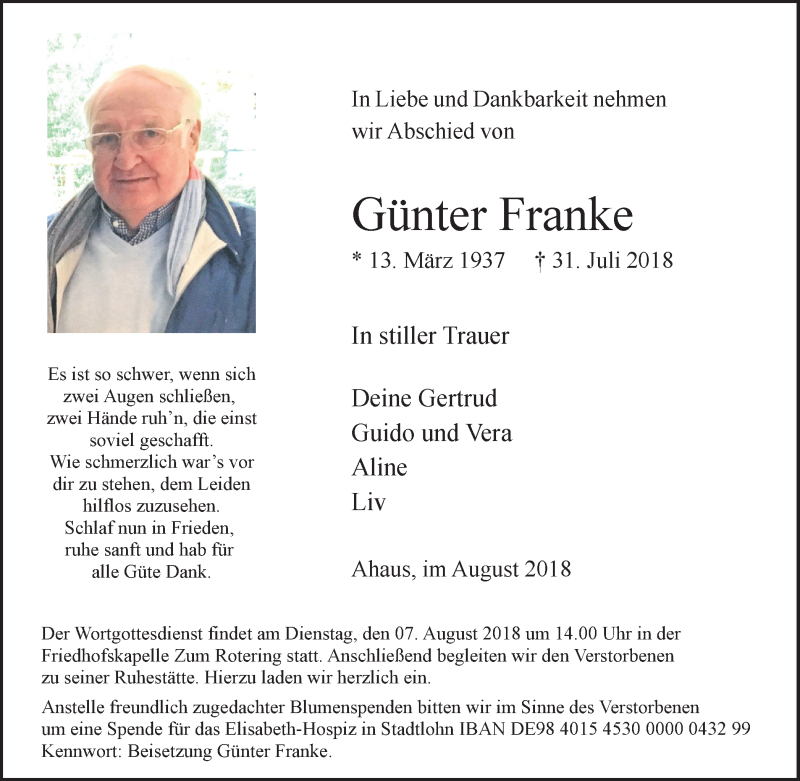  Traueranzeige für Günter Franke vom 04.08.2018 aus Münstersche Zeitung und Münsterland Zeitung