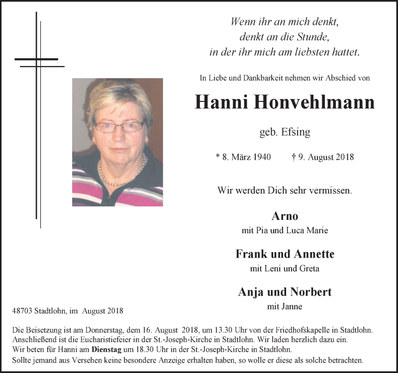  Traueranzeige für Hanni Honvehlmann vom 11.08.2018 aus Münstersche Zeitung und Münsterland Zeitung