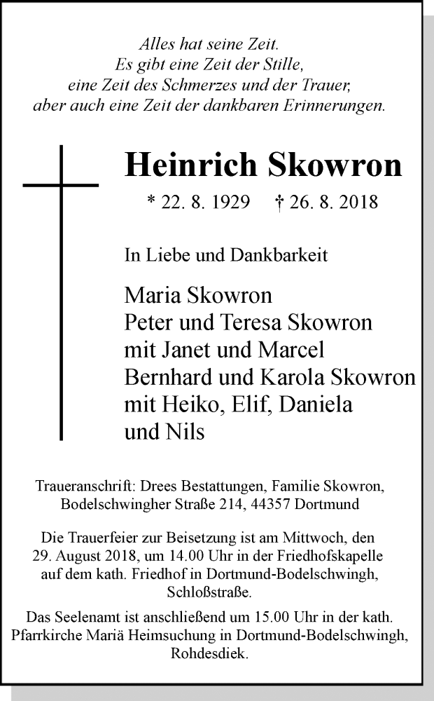  Traueranzeige für Heinrich Skowron vom 27.08.2018 aus Ruhr Nachrichten