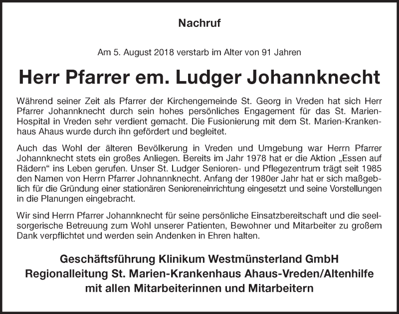  Traueranzeige für Ludger Johannknecht vom 09.08.2018 aus Münstersche Zeitung und Münsterland Zeitung