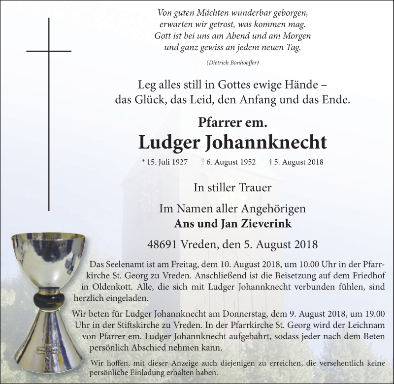  Traueranzeige für Ludger Johannknecht vom 07.08.2018 aus Münstersche Zeitung und Münsterland Zeitung