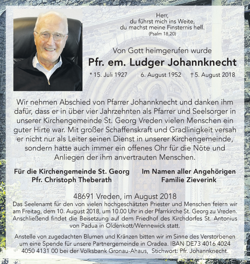 Traueranzeige für Ludger Johannknecht vom 08.08.2018 aus Münstersche Zeitung und Münsterland Zeitung
