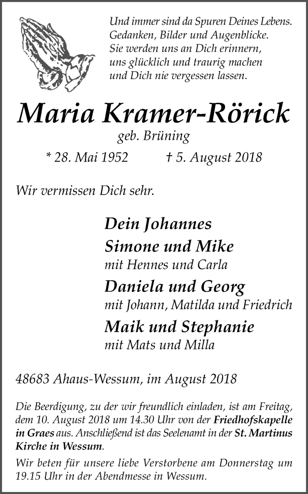  Traueranzeige für Maria Kramer-Rörick vom 08.08.2018 aus Münstersche Zeitung und Münsterland Zeitung