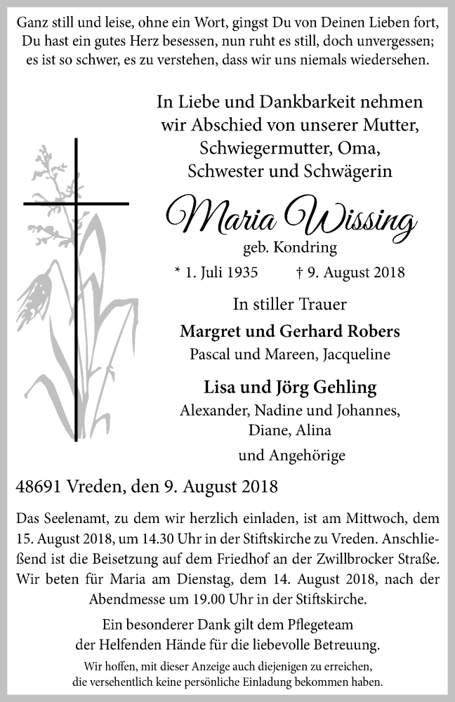  Traueranzeige für Maria Wissing vom 13.08.2018 aus Münstersche Zeitung und Münsterland Zeitung