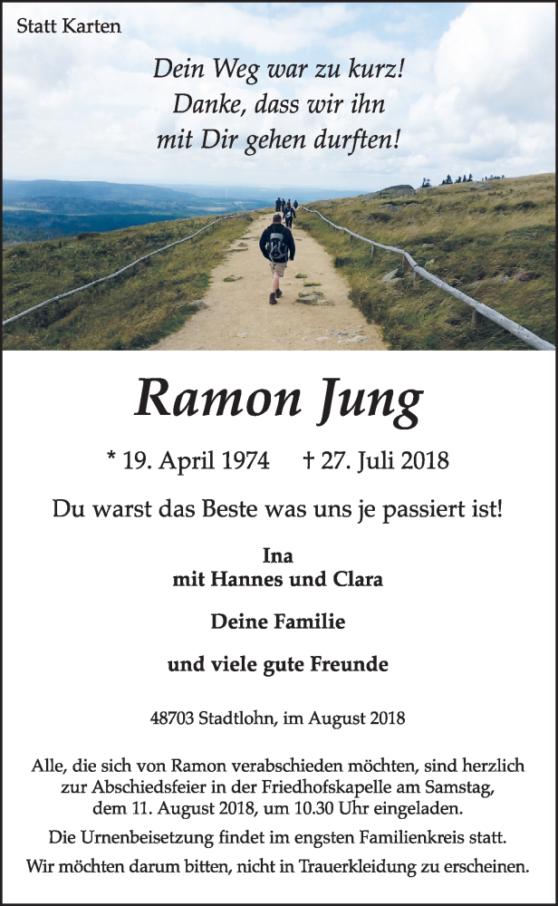  Traueranzeige für Ramon Jung vom 04.08.2018 aus Münstersche Zeitung und Münsterland Zeitung