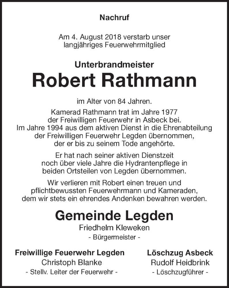  Traueranzeige für Robert Rathmann vom 09.08.2018 aus Münstersche Zeitung und Münsterland Zeitung