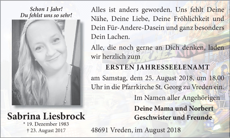  Traueranzeige für Sabrina Liesbrock vom 22.08.2018 aus Münstersche Zeitung und Münsterland Zeitung