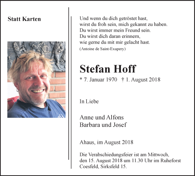  Traueranzeige für Stefan Hoff vom 11.08.2018 aus Münstersche Zeitung und Münsterland Zeitung