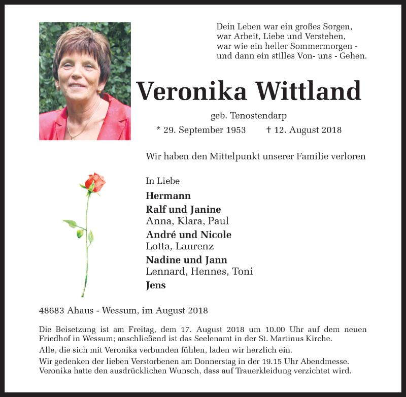 Traueranzeige für Veronika Wittland vom 14.08.2018 aus Münstersche Zeitung und Münsterland Zeitung