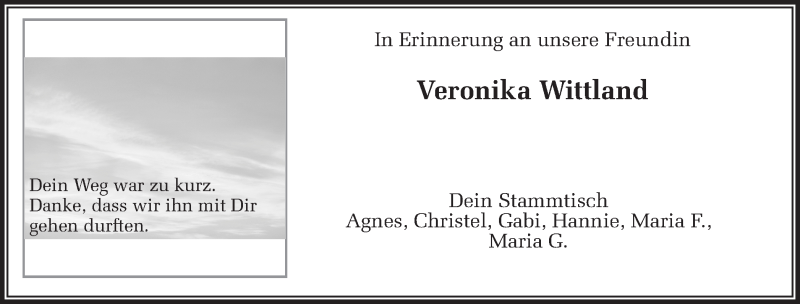  Traueranzeige für Veronika Wittland vom 16.08.2018 aus Münstersche Zeitung und Münsterland Zeitung