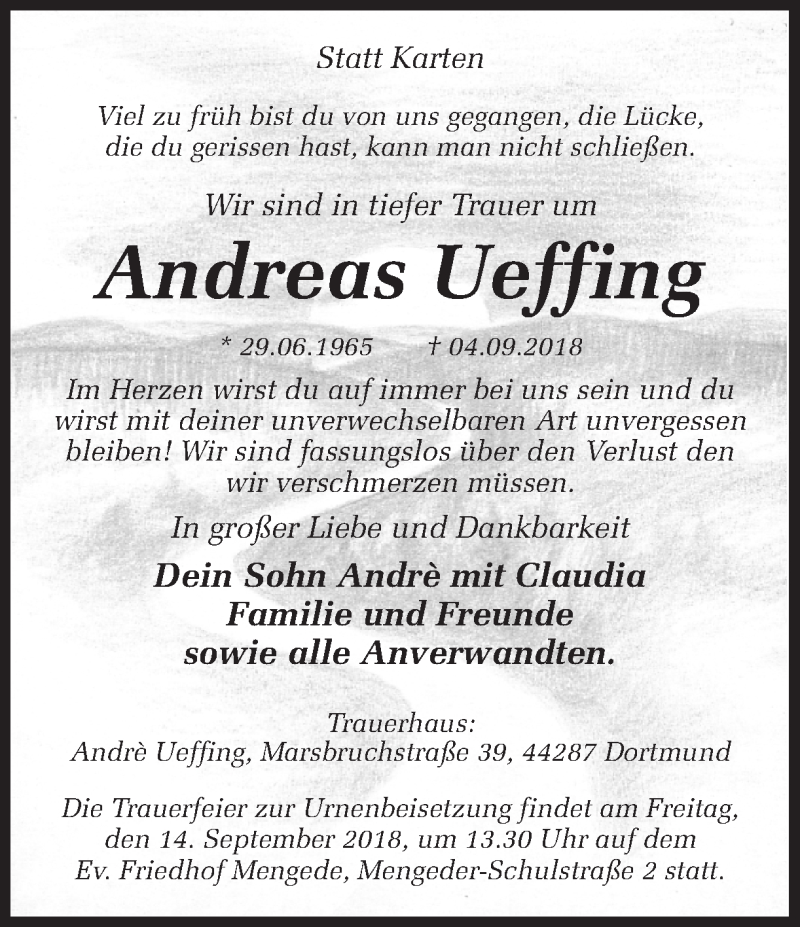  Traueranzeige für Andreas Ueffing vom 12.09.2018 aus Ruhr Nachrichten