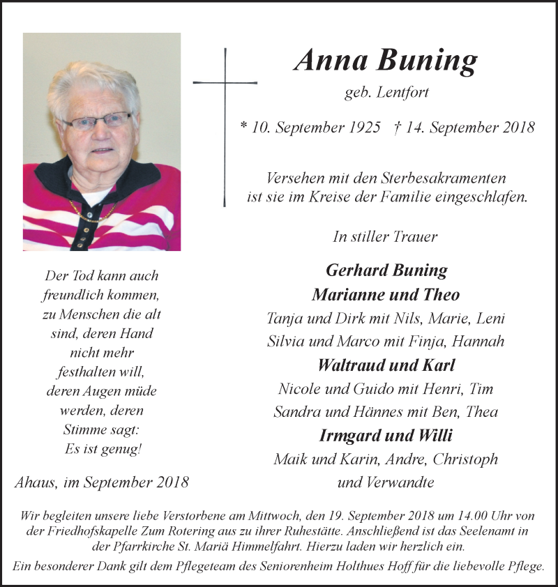  Traueranzeige für Anna Buning vom 17.09.2018 aus Münstersche Zeitung und Münsterland Zeitung
