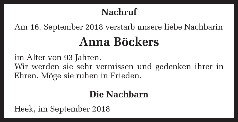  Traueranzeige für Anna Böckers vom 19.09.2018 aus Münstersche Zeitung und Münsterland Zeitung