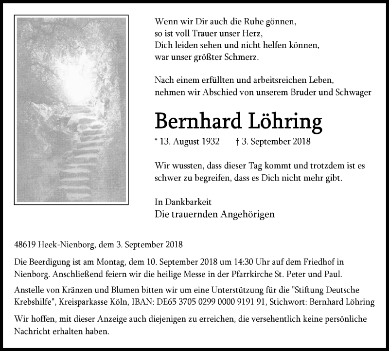  Traueranzeige für Bernhard Löhring vom 06.09.2018 aus Münstersche Zeitung und Münsterland Zeitung