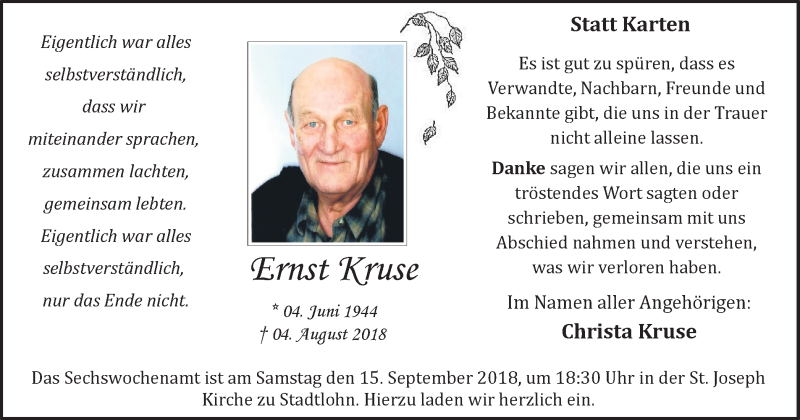  Traueranzeige für Ernst Kruse vom 12.09.2018 aus Münstersche Zeitung und Münsterland Zeitung