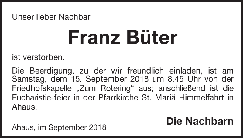  Traueranzeige für Franz Büter vom 13.09.2018 aus Münstersche Zeitung und Münsterland Zeitung