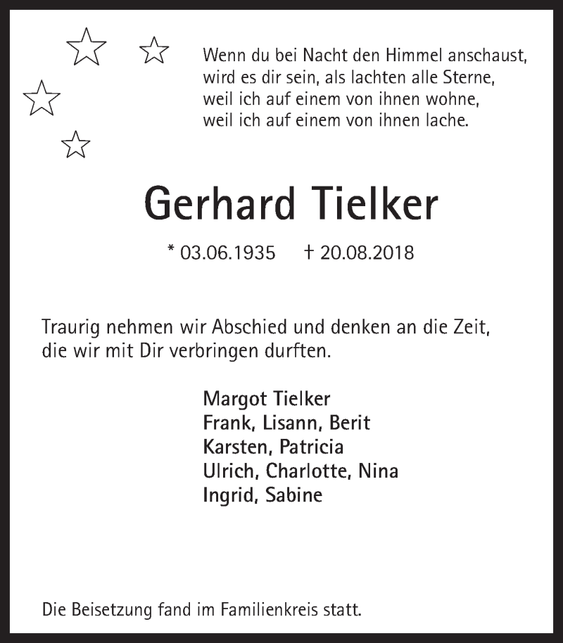  Traueranzeige für Gerhard Tielker vom 22.09.2018 aus Ruhr Nachrichten