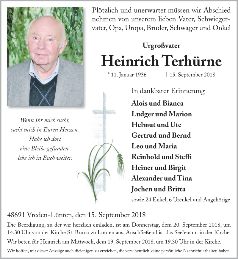  Traueranzeige für Heinrich Terhürne vom 18.09.2018 aus Münstersche Zeitung und Münsterland Zeitung