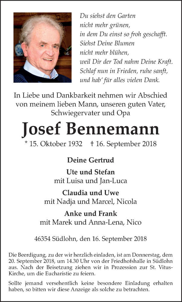  Traueranzeige für Josef Bennemann vom 18.09.2018 aus Münstersche Zeitung und Münsterland Zeitung