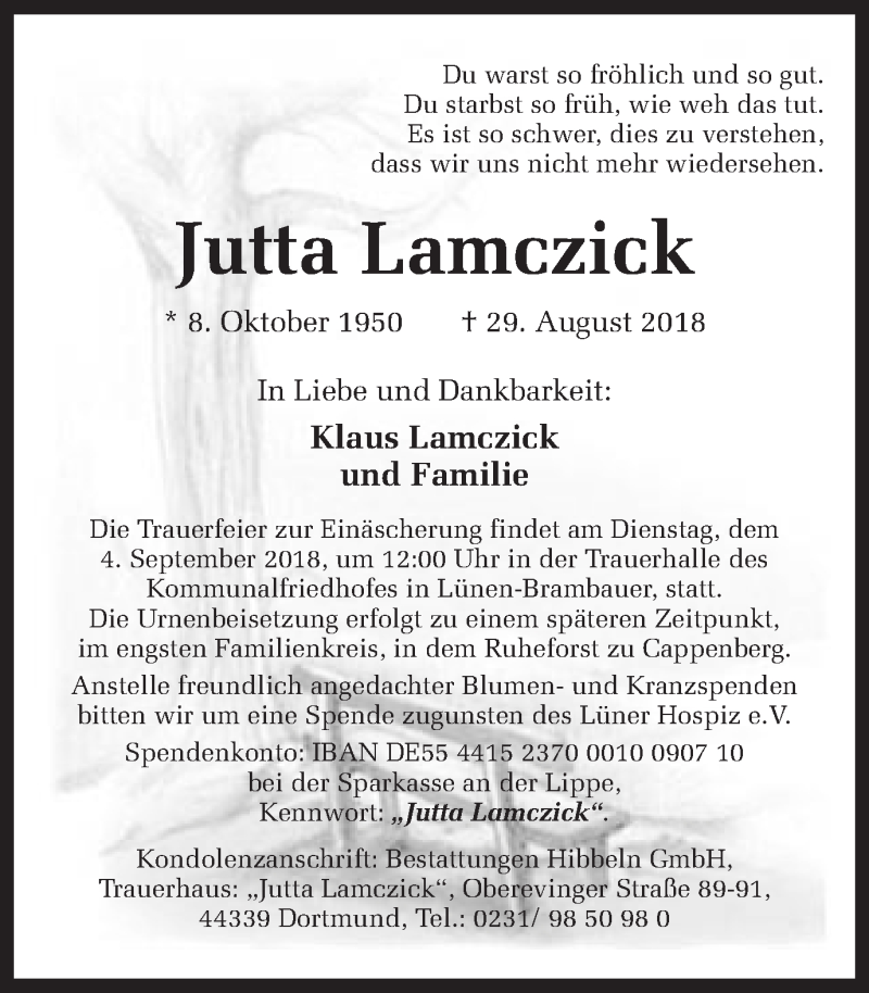  Traueranzeige für Jutta Lamczick Lamczick vom 01.09.2018 aus Ruhr Nachrichten