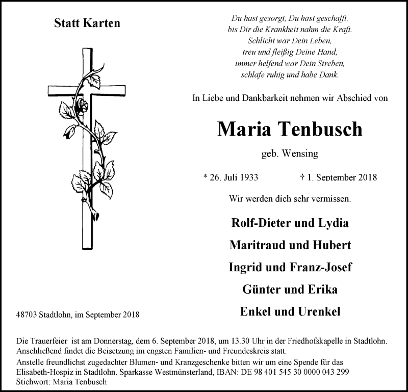  Traueranzeige für Maria Tenbusch vom 04.09.2018 aus Münstersche Zeitung und Münsterland Zeitung