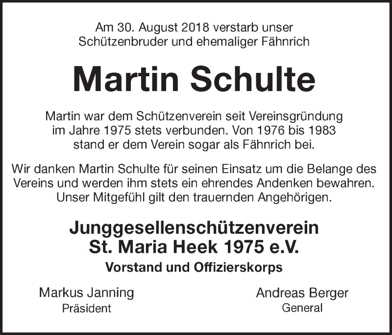  Traueranzeige für Martin Schulte vom 05.09.2018 aus Münstersche Zeitung und Münsterland Zeitung