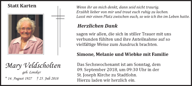  Traueranzeige für Mary Veldscholten vom 07.09.2018 aus Münstersche Zeitung und Münsterland Zeitung