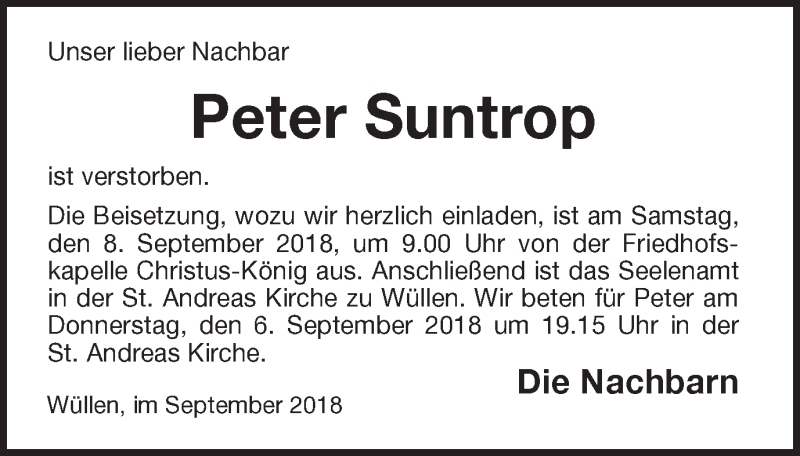  Traueranzeige für Peter Suntrop vom 06.09.2018 aus Münstersche Zeitung und Münsterland Zeitung