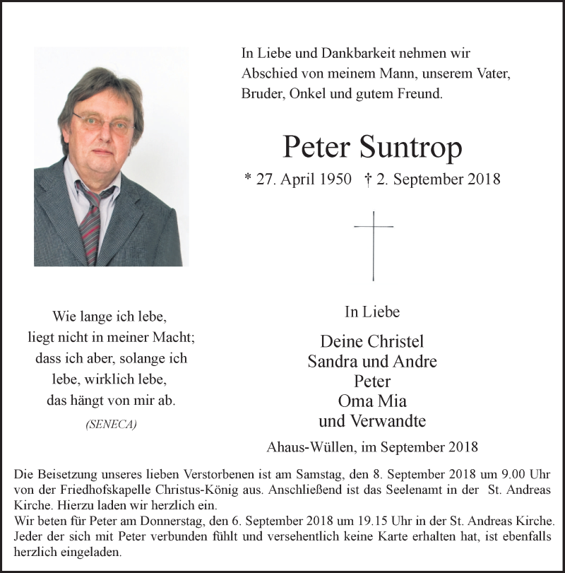 Traueranzeige für Peter Suntrop vom 05.09.2018 aus Münstersche Zeitung und Münsterland Zeitung