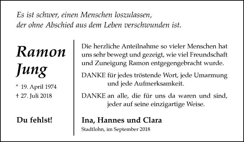  Traueranzeige für Ramon Jung vom 08.09.2018 aus Münstersche Zeitung und Münsterland Zeitung