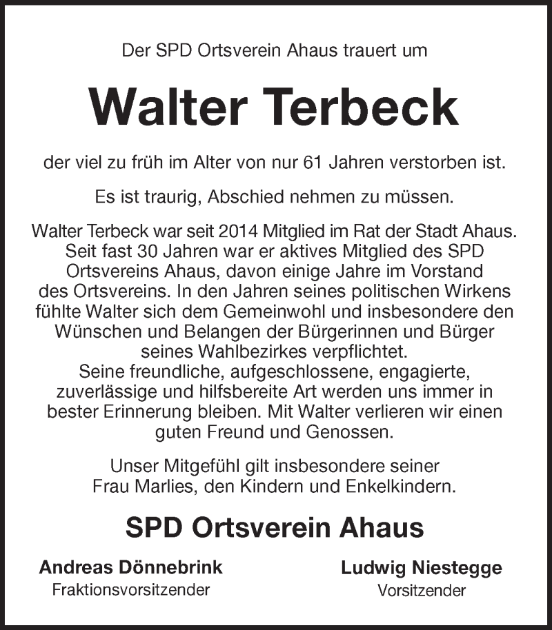  Traueranzeige für Walter Terbeck vom 03.09.2018 aus Münstersche Zeitung und Münsterland Zeitung