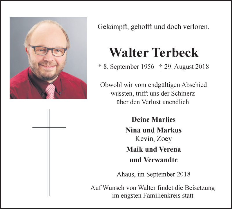  Traueranzeige für Walter Terbeck vom 01.09.2018 aus Münstersche Zeitung und Münsterland Zeitung