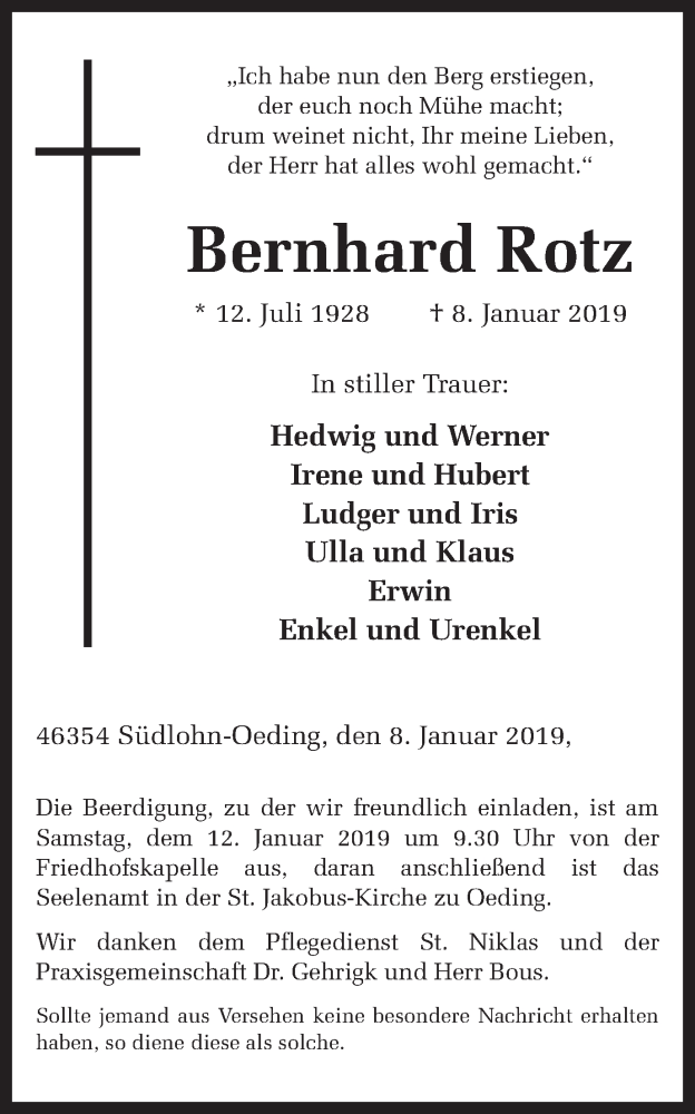 Traueranzeige für Bernhard Rotz vom 10.01.2019 aus Münstersche Zeitung und Münsterland Zeitung