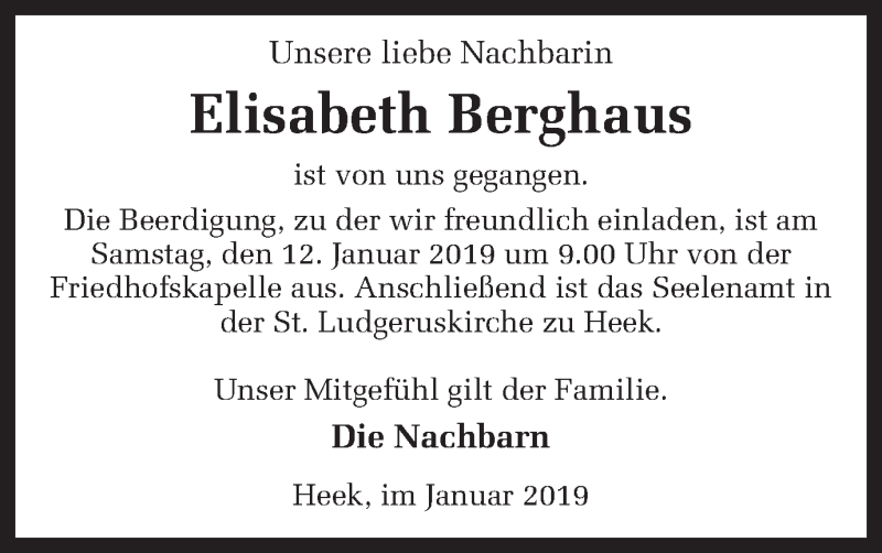  Traueranzeige für Elisabeth Berghaus vom 09.01.2019 aus Münstersche Zeitung und Münsterland Zeitung