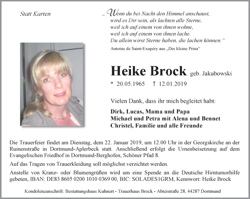 Traueranzeige für Heike Brock vom 19.01.2019 aus Ruhr Nachrichten
