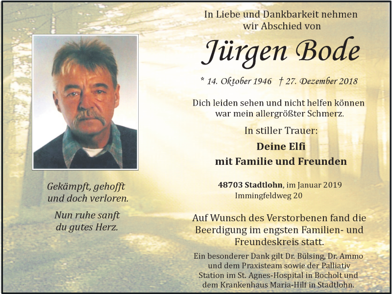  Traueranzeige für Jürgen Bode vom 12.01.2019 aus Münstersche Zeitung und Münsterland Zeitung