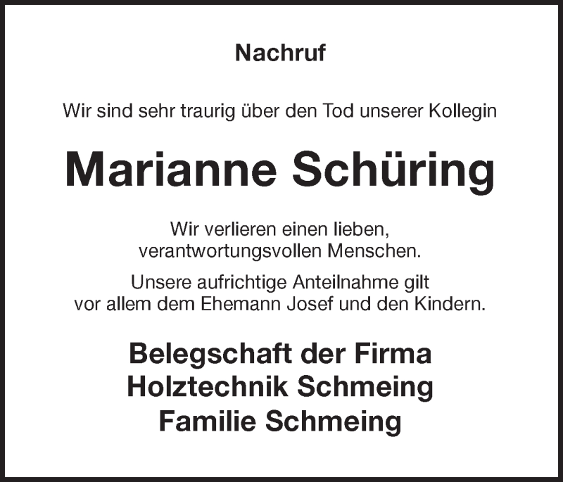  Traueranzeige für Marianne Schüring vom 15.01.2019 aus Münstersche Zeitung und Münsterland Zeitung