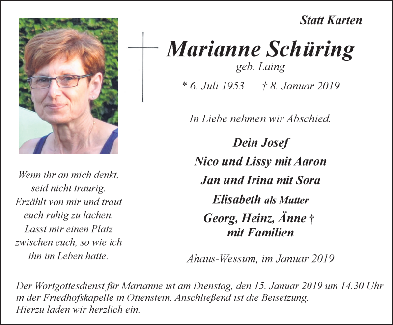  Traueranzeige für Marianne Schüring vom 12.01.2019 aus Münstersche Zeitung und Münsterland Zeitung