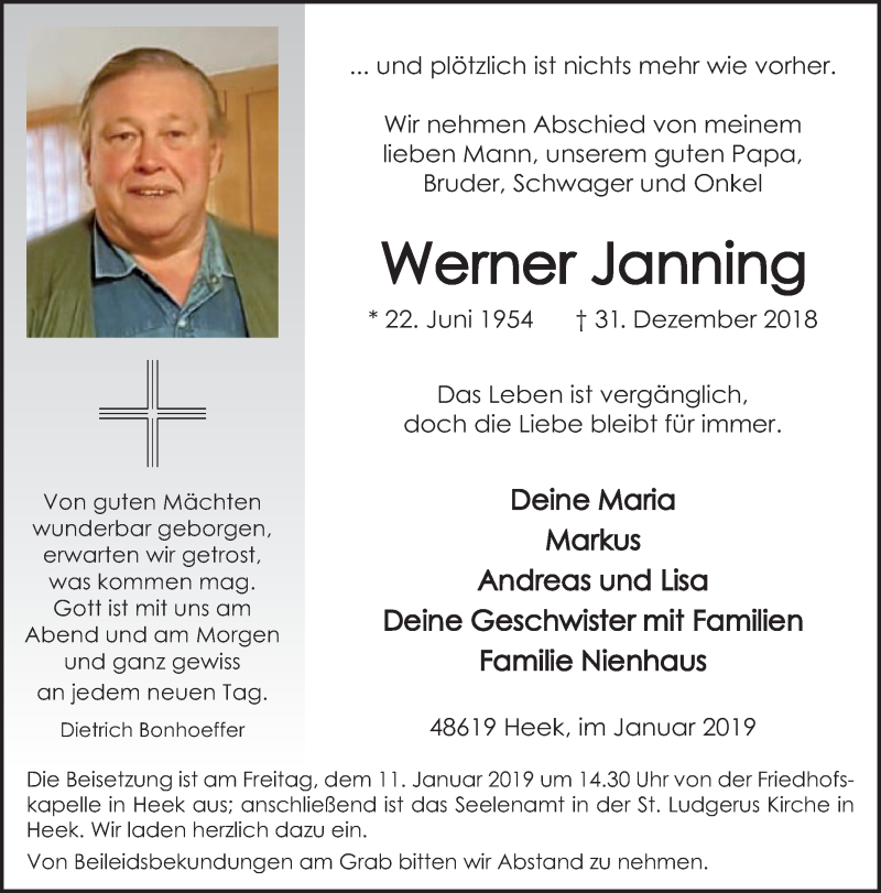  Traueranzeige für Werner Janning vom 05.01.2019 aus Münstersche Zeitung und Münsterland Zeitung
