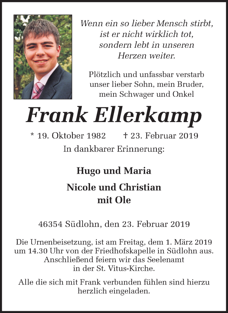  Traueranzeige für Frank Ellerkamp vom 27.02.2019 aus Münstersche Zeitung und Münsterland Zeitung