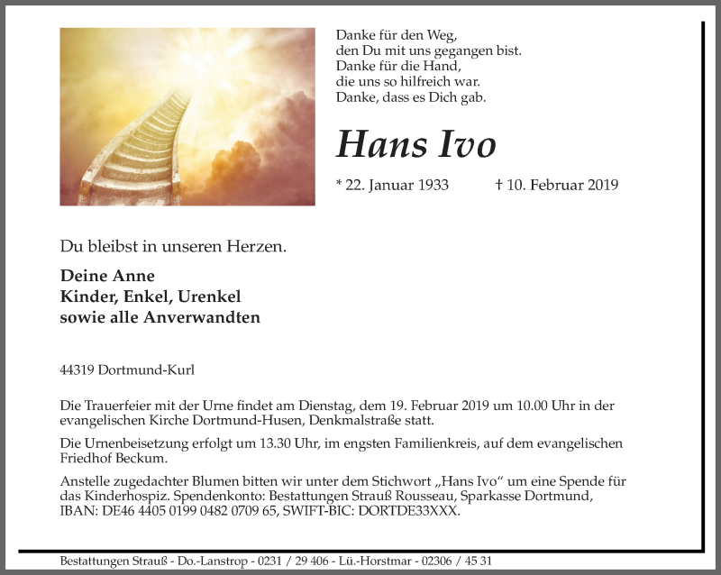  Traueranzeige für Hans Ivo vom 16.02.2019 aus Ruhr Nachrichten